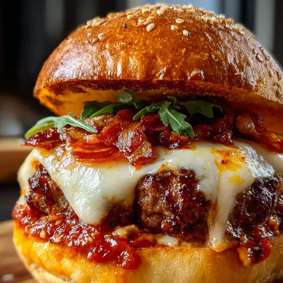 Un burger vu de près, avec fromage coulant et bacon.