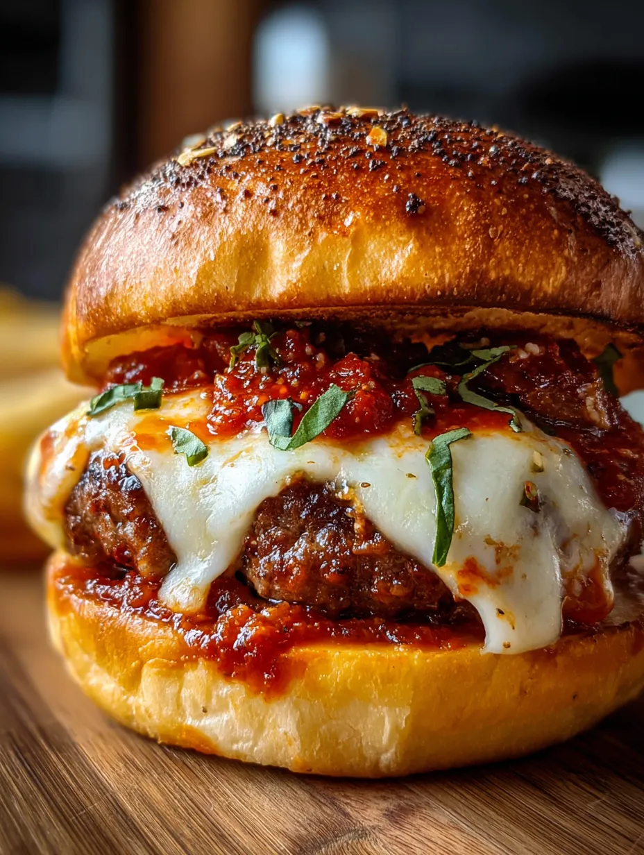 Zoom sur un burger rempli de fromage et de sauce tomate.