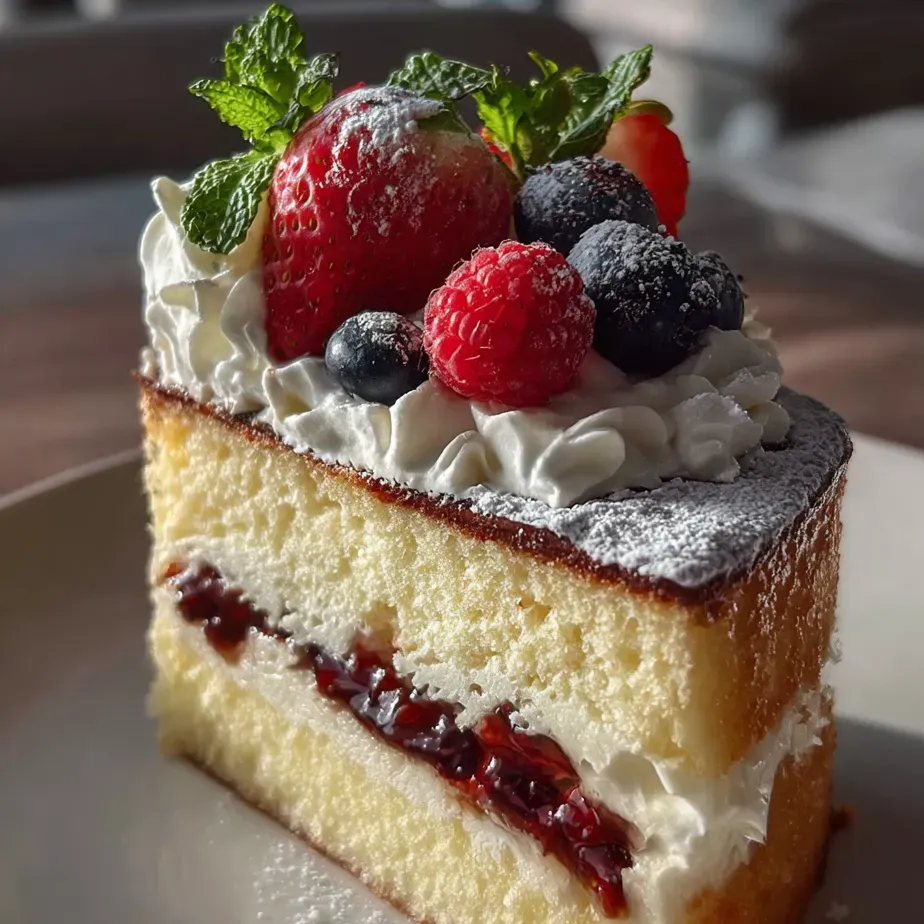 Une part de cake garnie de fraises et de myrtilles.