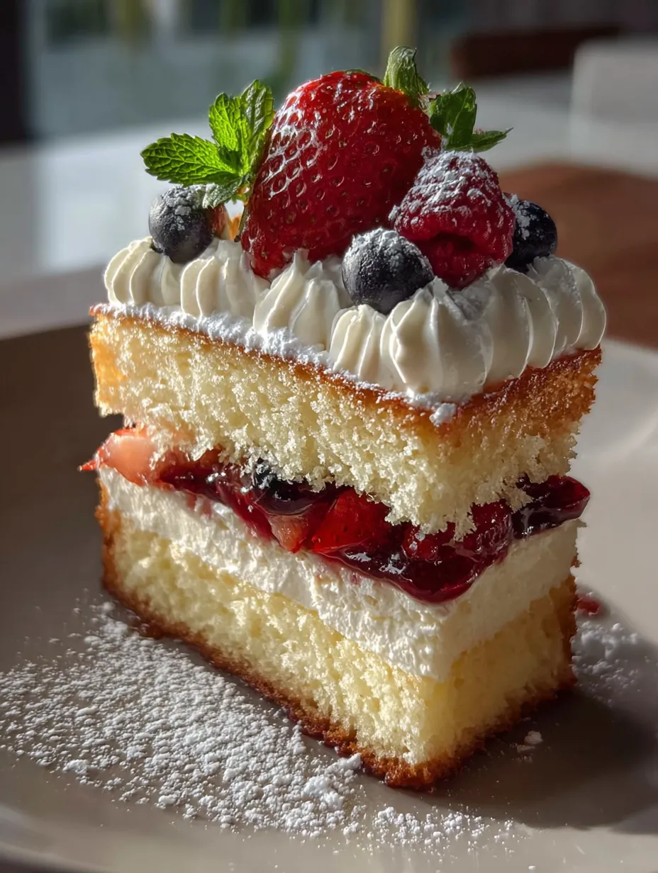 Part de gâteau avec fraises et myrtilles.