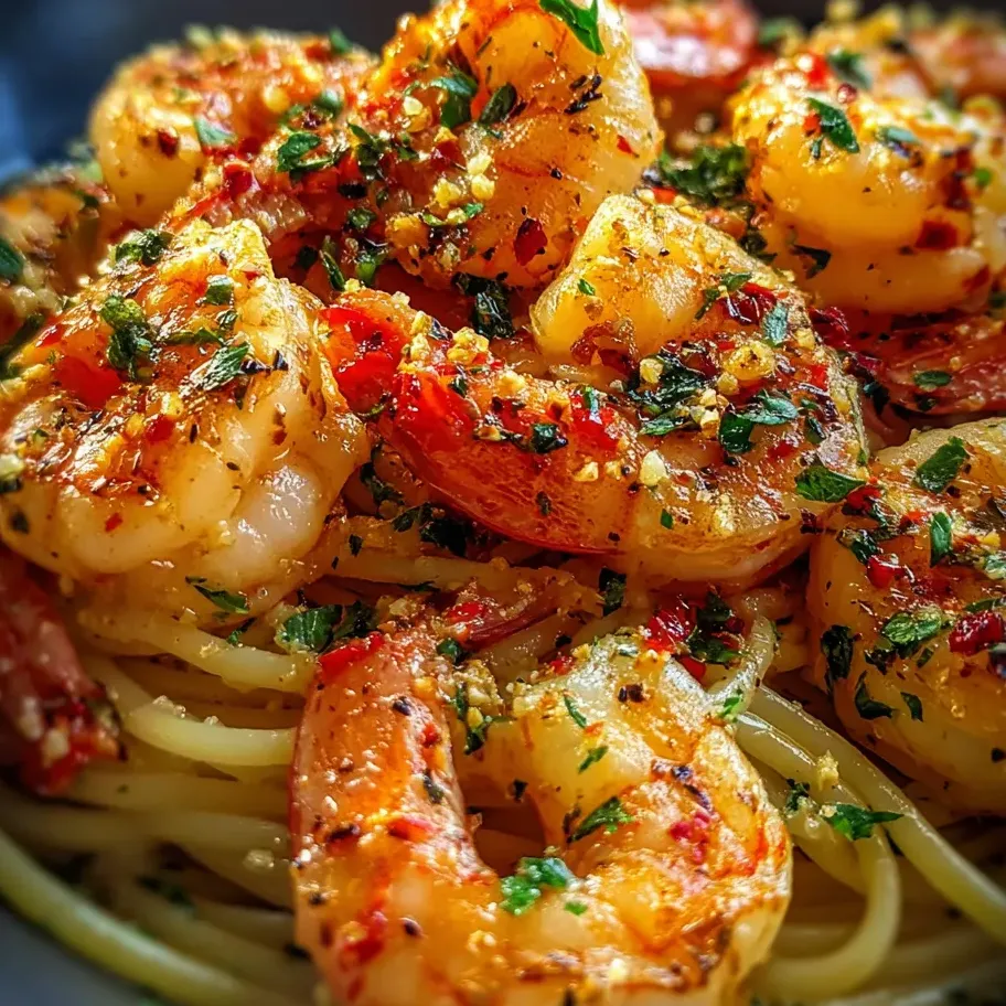 Une assiette de crevettes et pâtes.