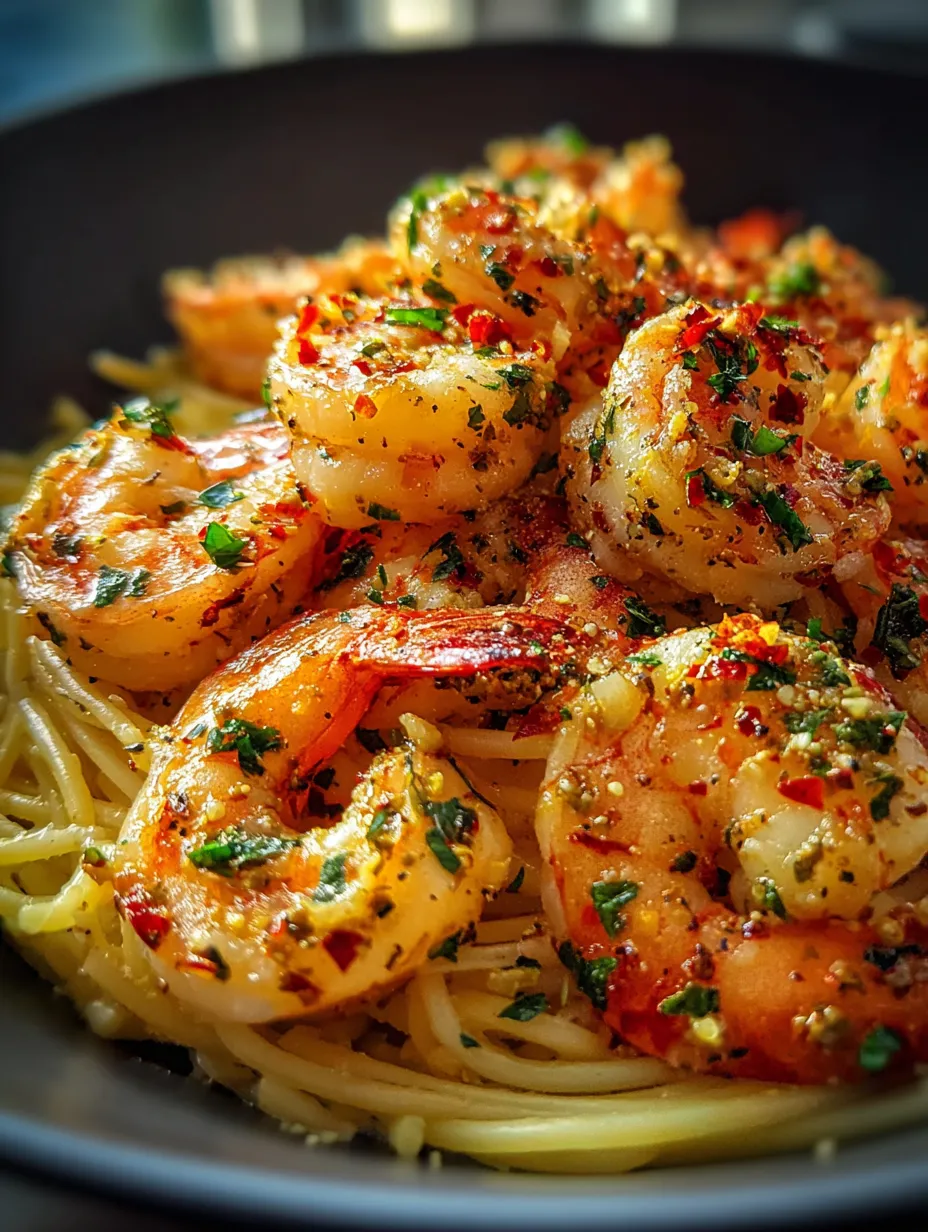 Une assiette de crevettes et de pâtes.