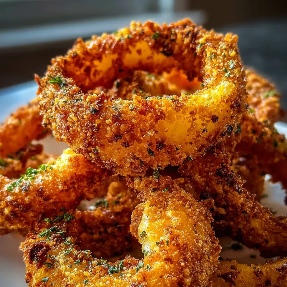 Une assiette remplie d’anneaux d’oignon frits.