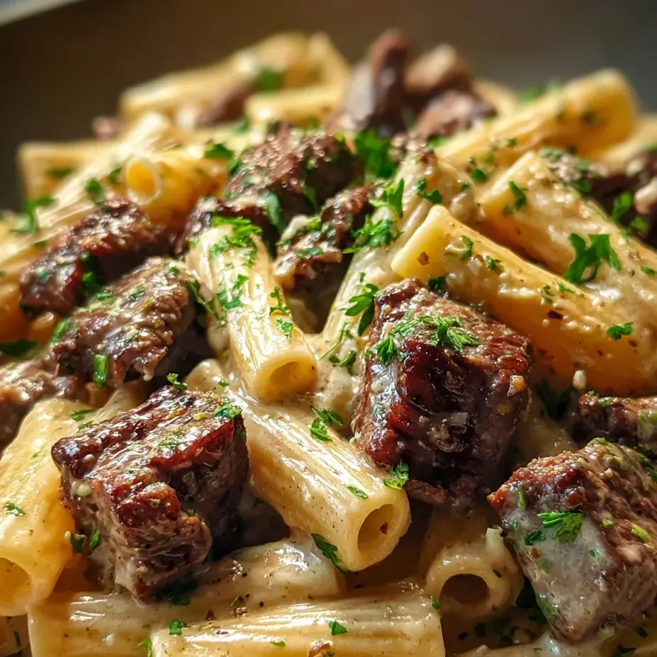 Une assiette de pâtes avec viande et herbes.