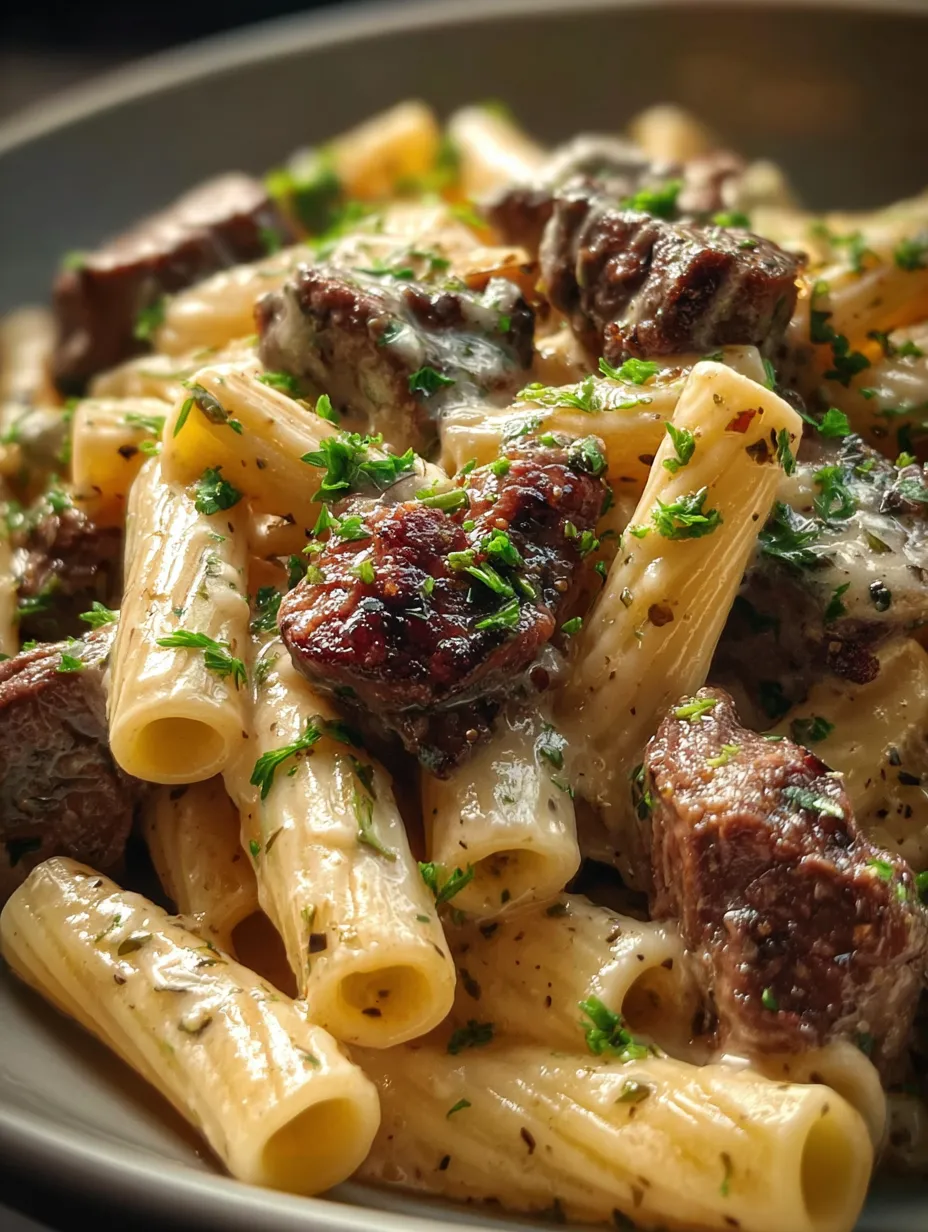 Une assiette de pâtes avec viande et fromage.