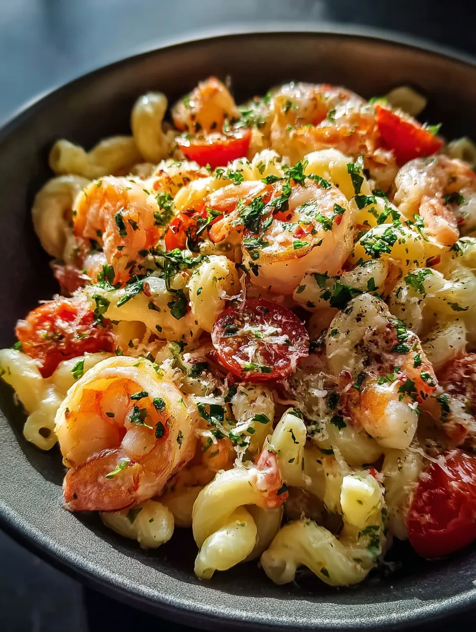 Un bol de crevettes et pâtes.