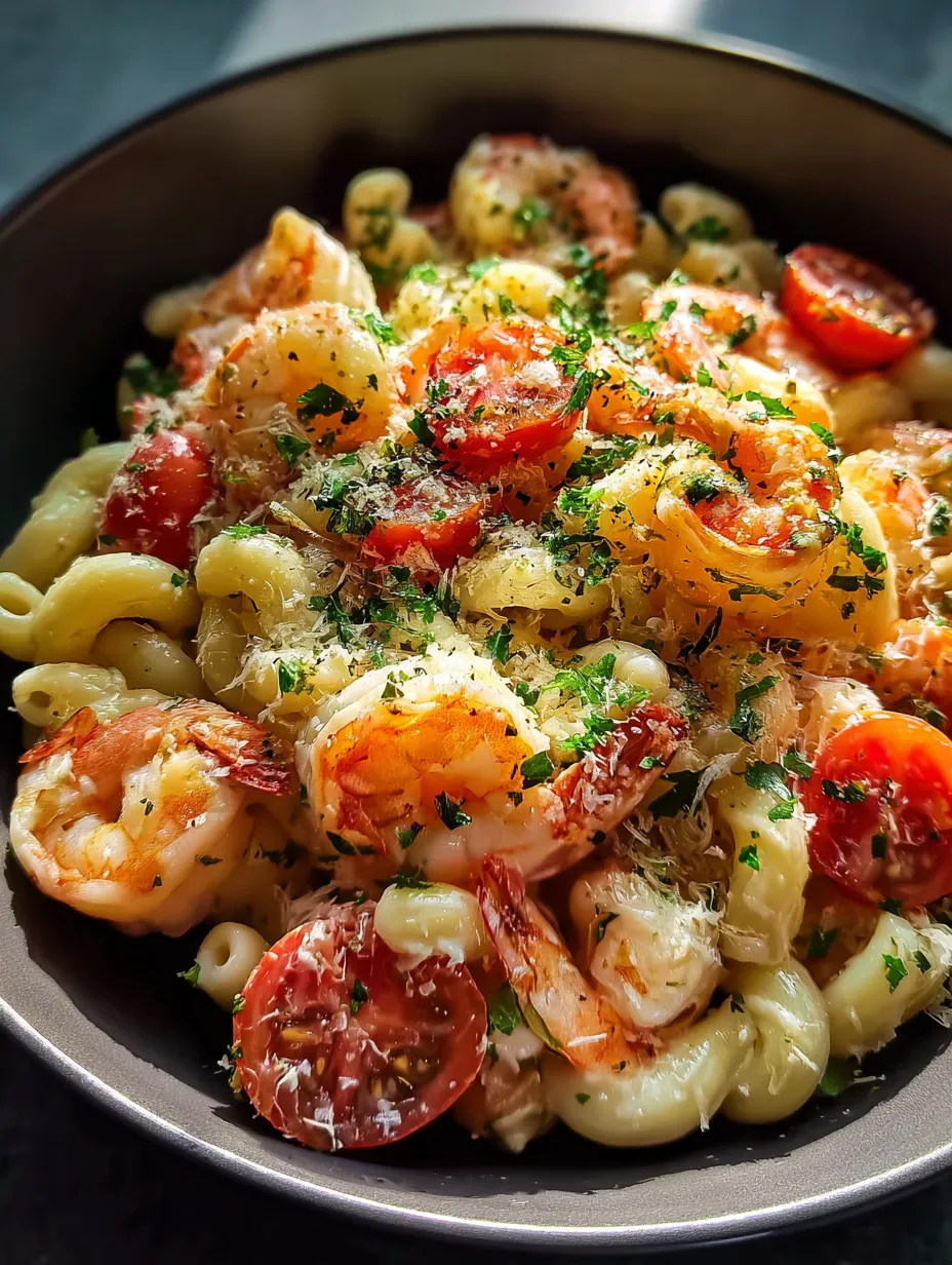 Un bol de pâtes avec crevettes et tomates.