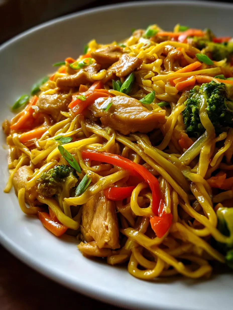 Une assiette de nouilles au poulet et brocolis.