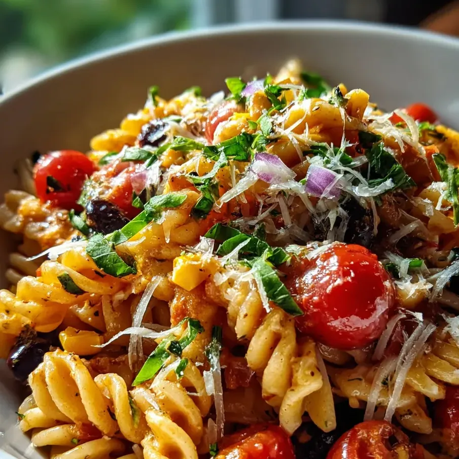Un bol de pâtes avec tomates et fromage.