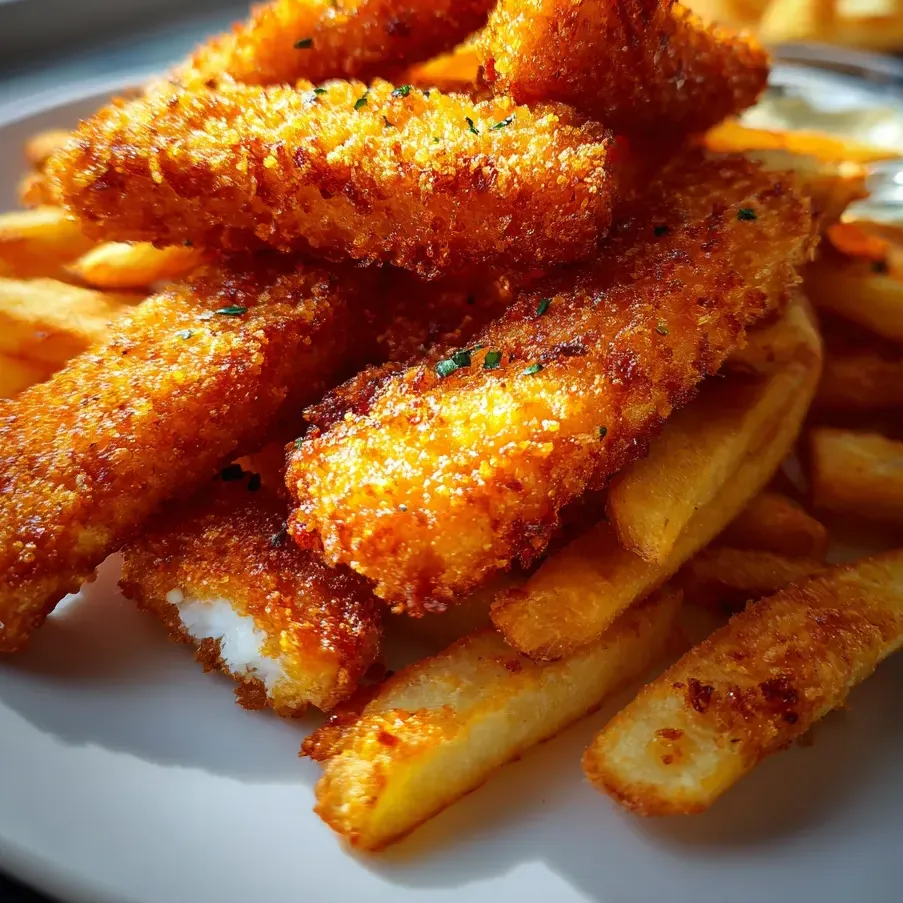Une assiette de frites et bâtonnets de poisson.