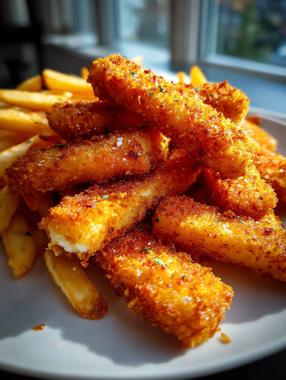 Une assiette de frites et bâtonnets de poisson panés.
