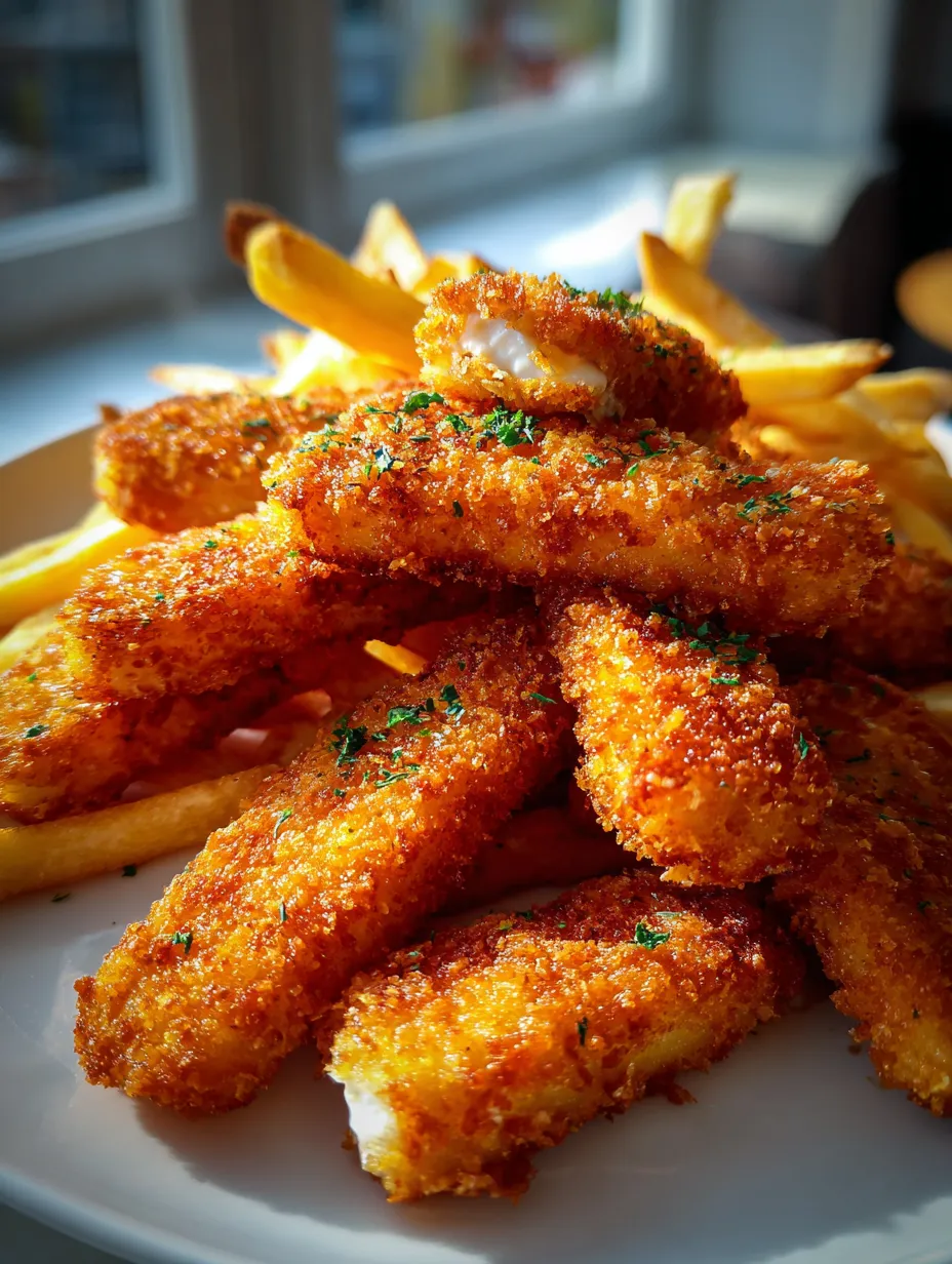 Une assiette de poisson frit et de frites.