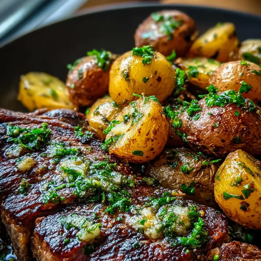 Une assiette de steak et pommes de terre.