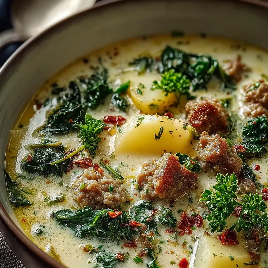 Un bol de soupe avec des légumes verts et de la viande.