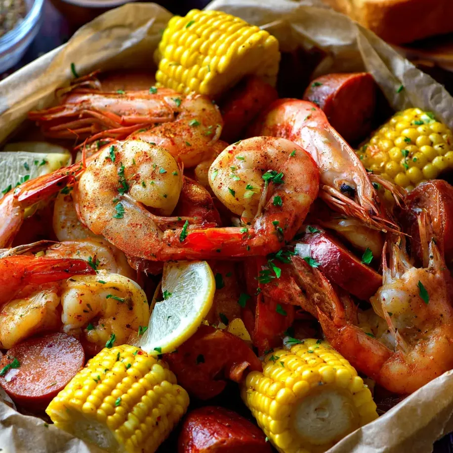 Une assiette de crevettes et maïs.