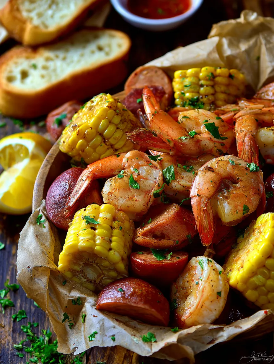Assiette avec crevettes, maïs et saucisse.