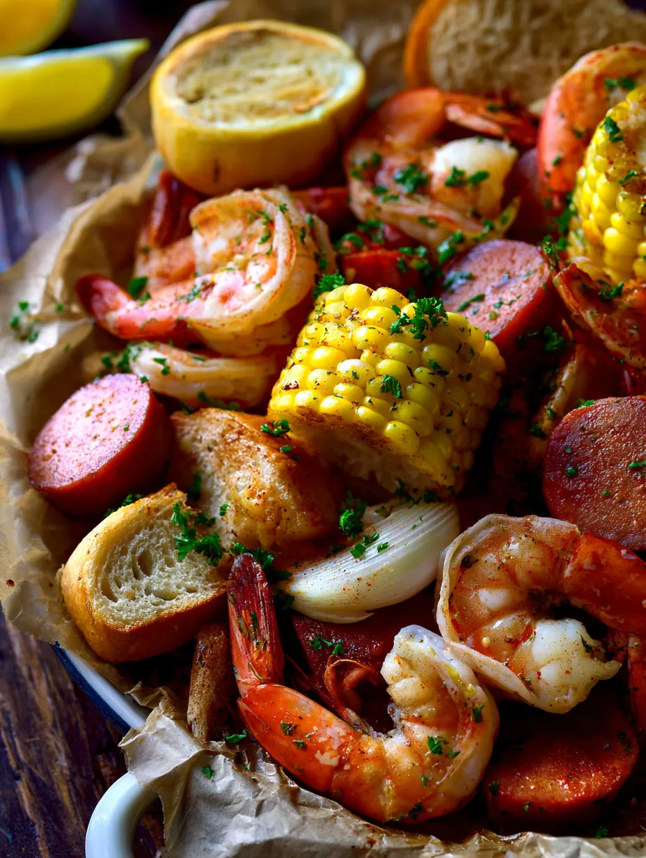 Assiette avec crevettes, maïs et pain.