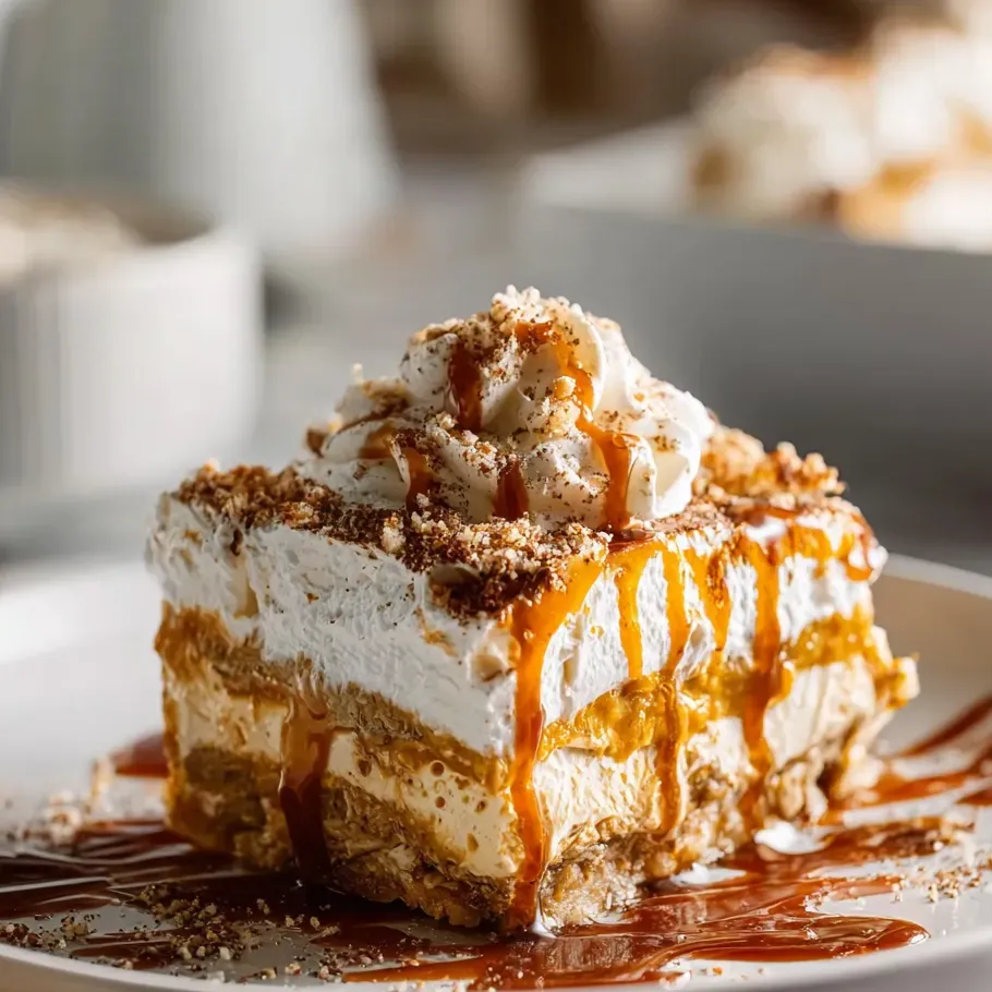 Part de gâteau nappée de caramel brillant.