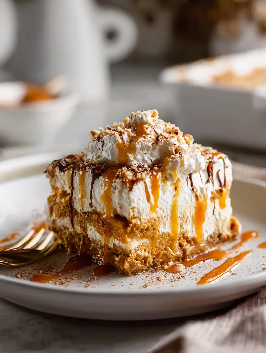 Une part de gâteau avec caramel coulant dessus.