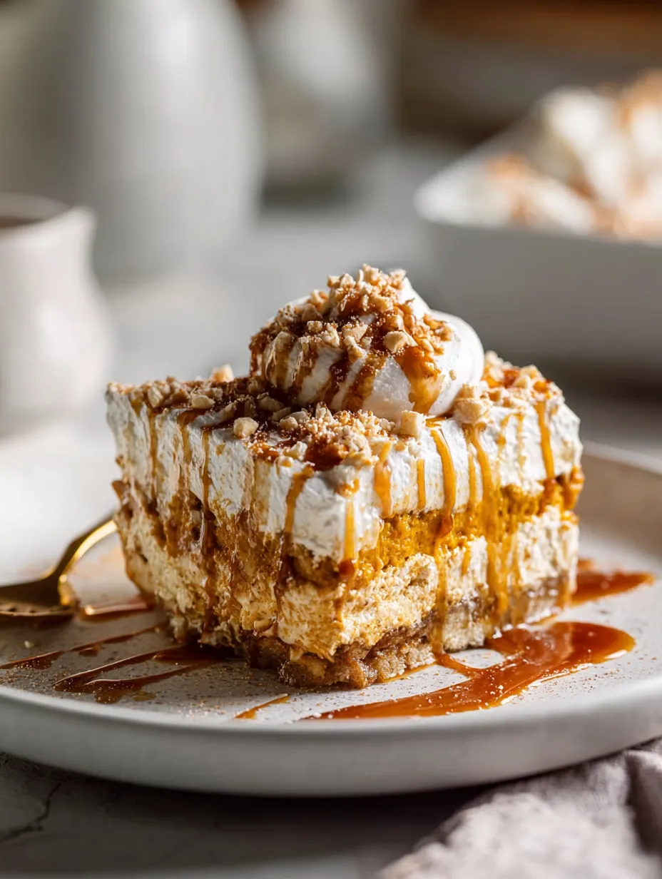 Une part de gâteau avec sauce caramel fondant dessus.