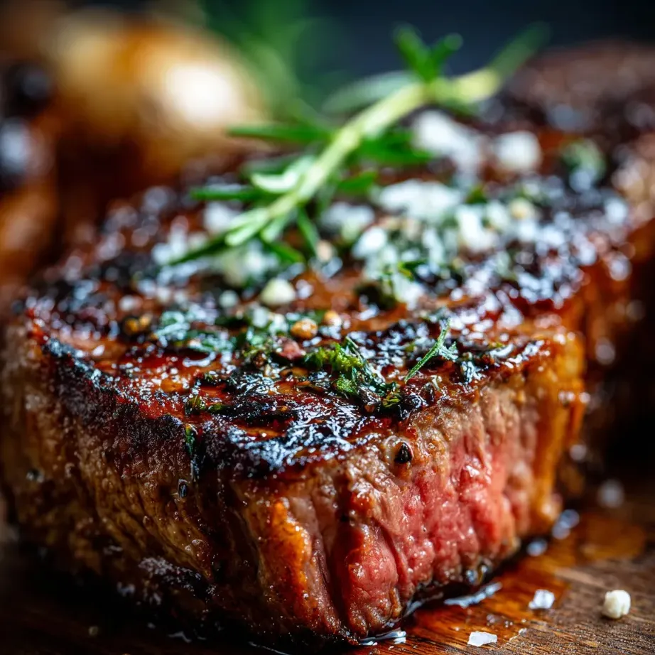 Un steak garni d’herbes fraîches.
