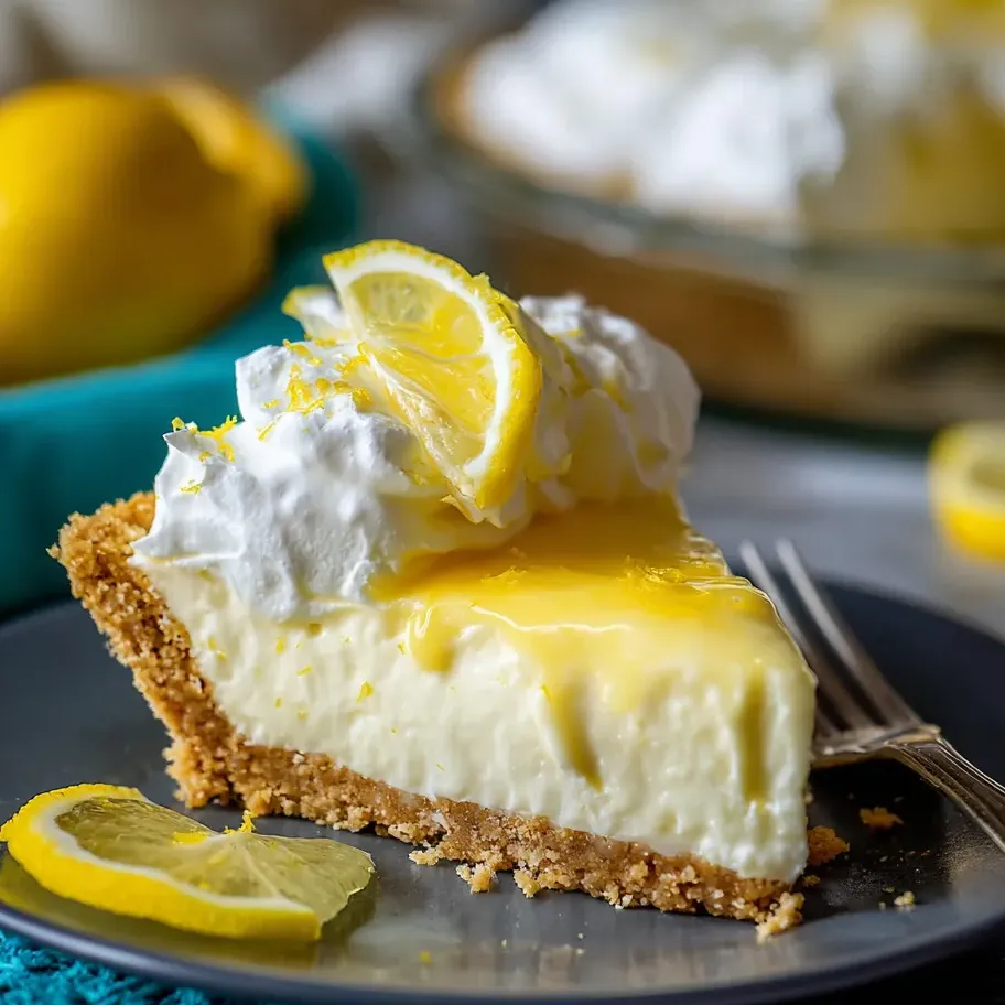 Une part de tarte façon cheesecake citron, avec une rondelle de citron à côté.
