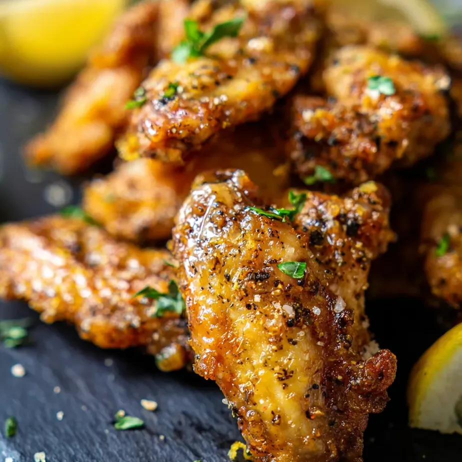 Assiette d’ailes de poulet dorées avec quartiers de citron.