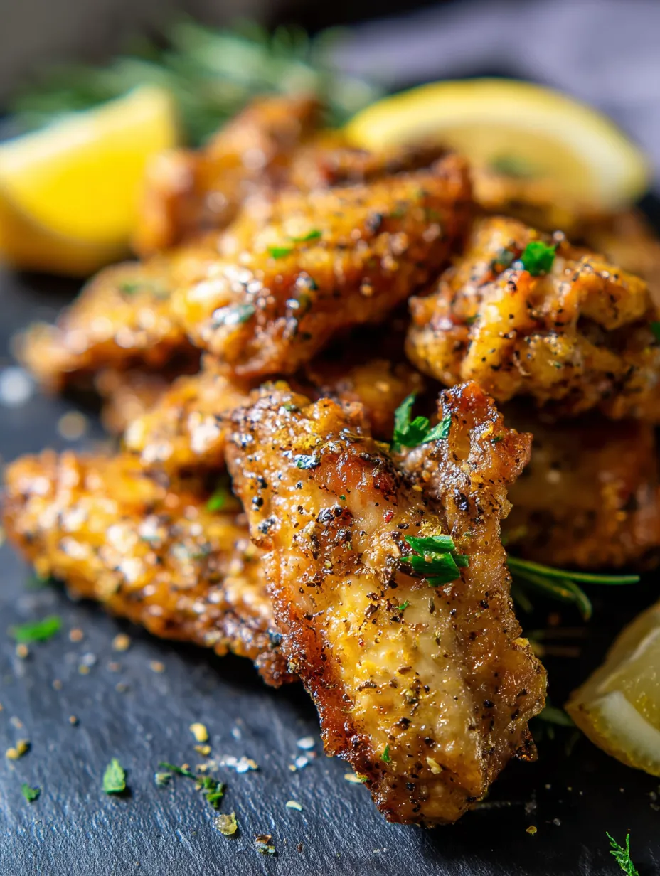 Une assiette d’ailes de poulet avec une tranche de citron.