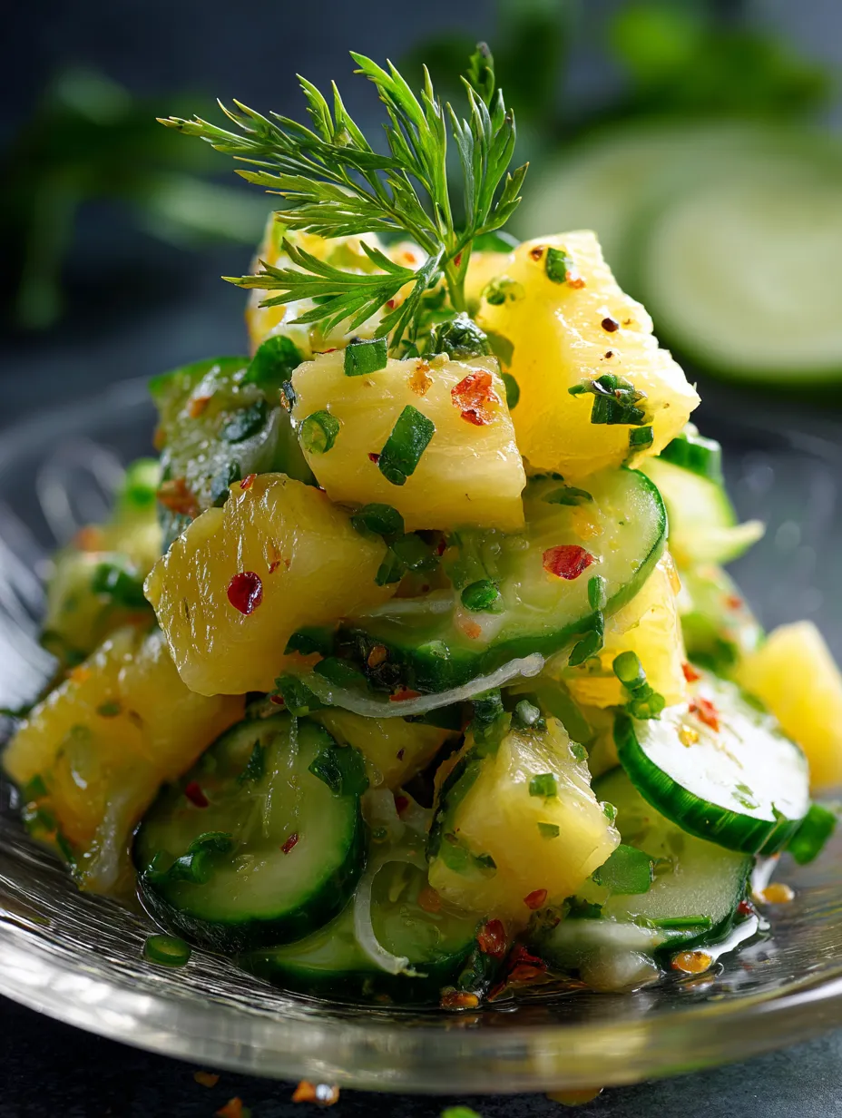 Une assiette garnie d'ananas et de concombres.