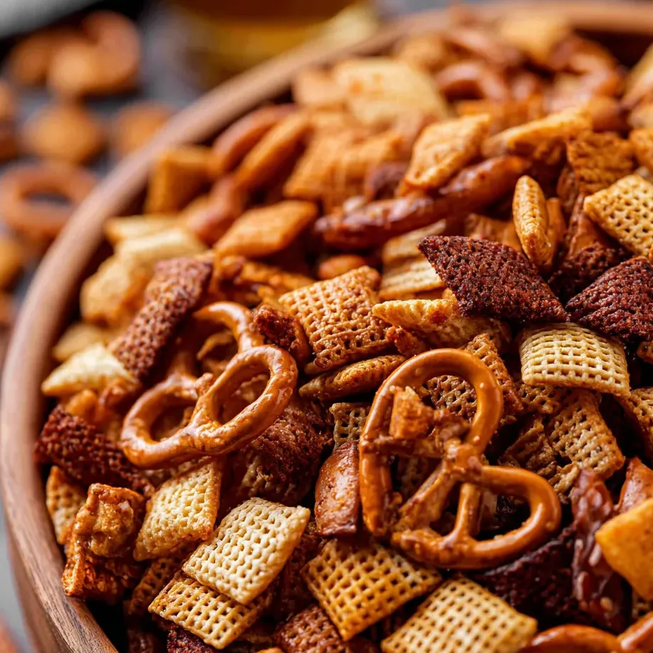 Un bol rempli de snacks avec bretzels et crackers.