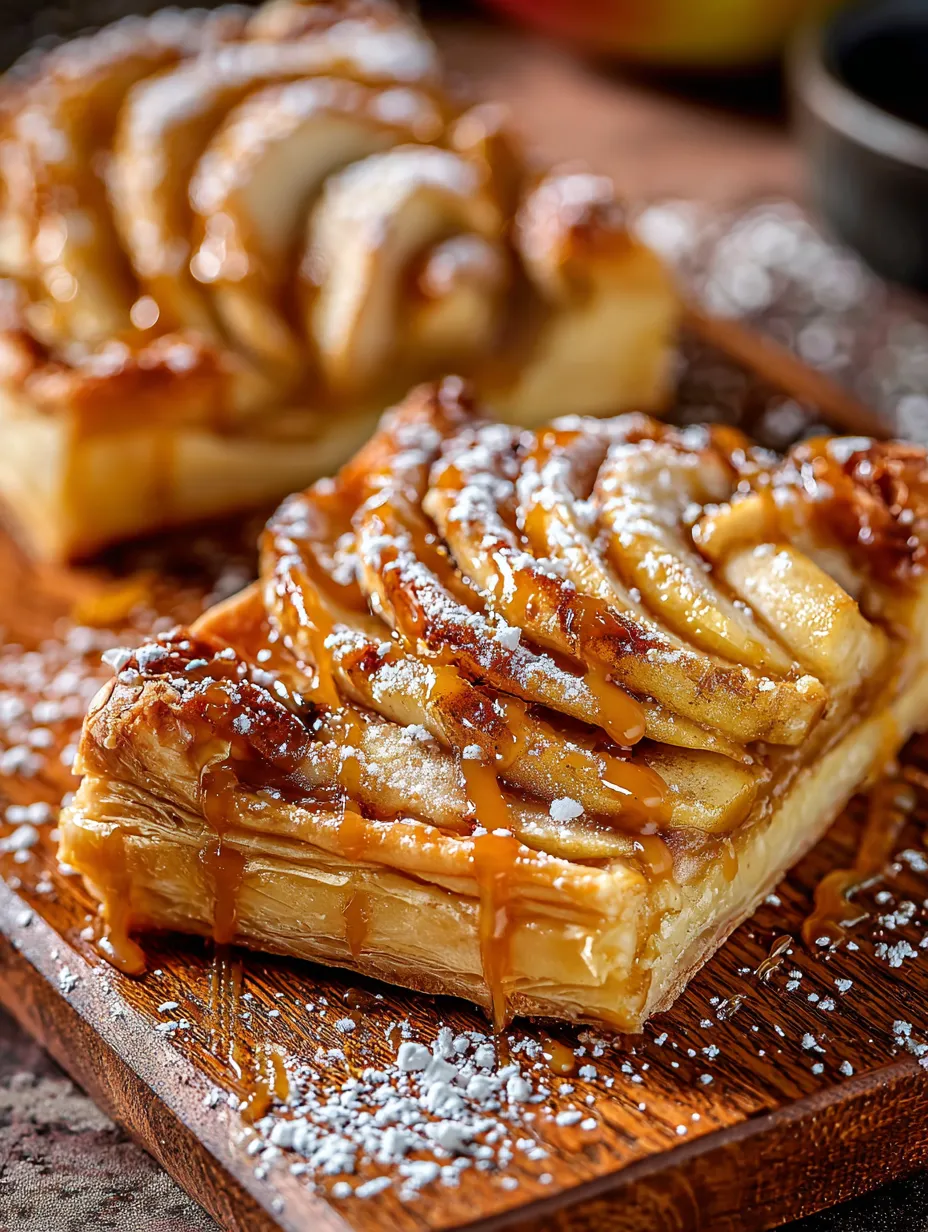 Une part de feuilleté nappée de caramel.