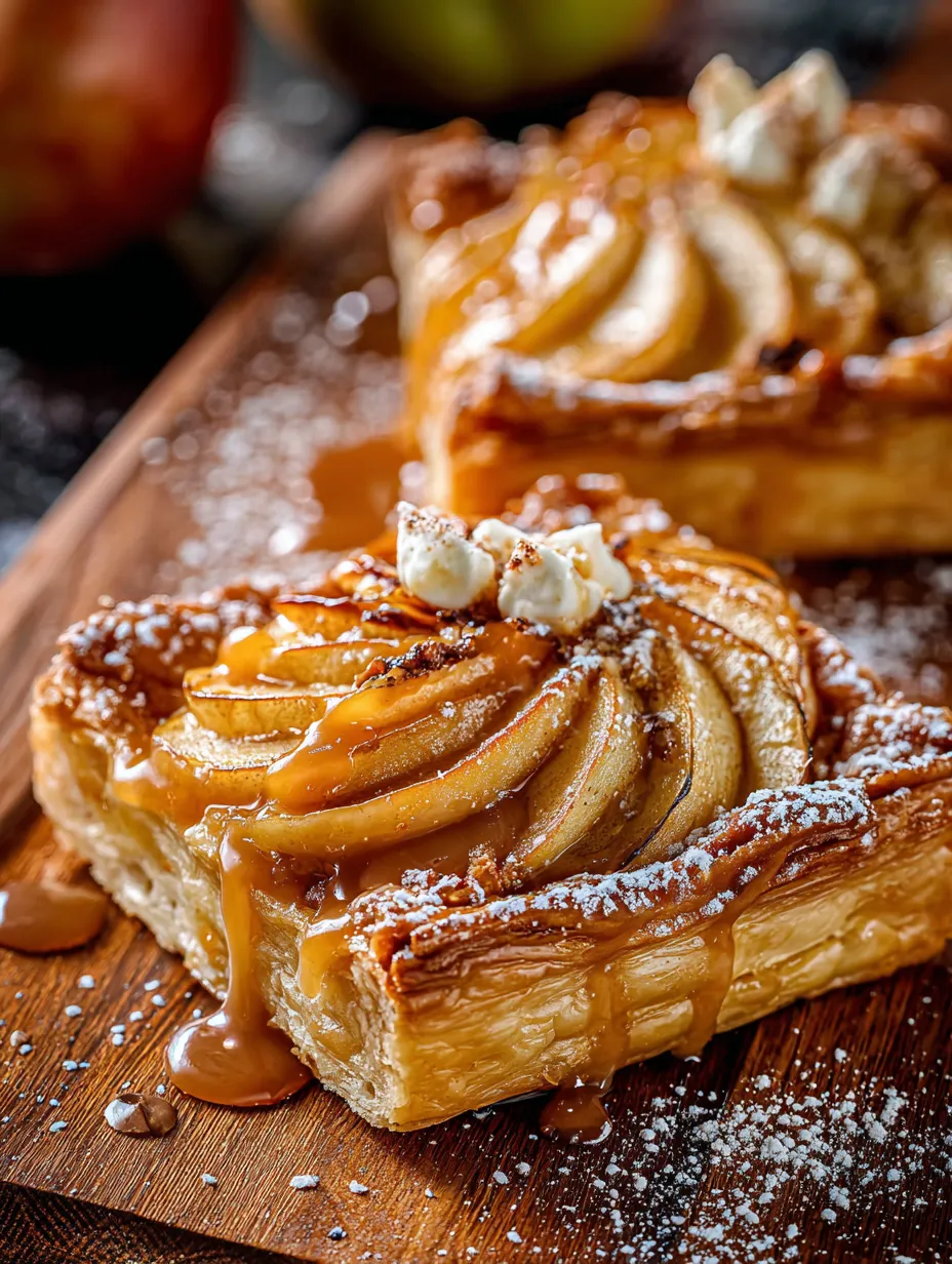 Deux parts de feuilleté aux pommes saupoudrées de sucre glace sur une table en bois.
