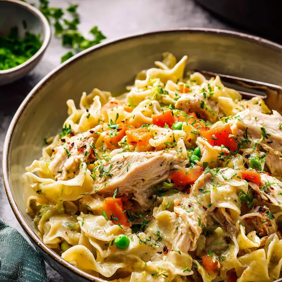 Un bol de pâtes au poulet et légumes.