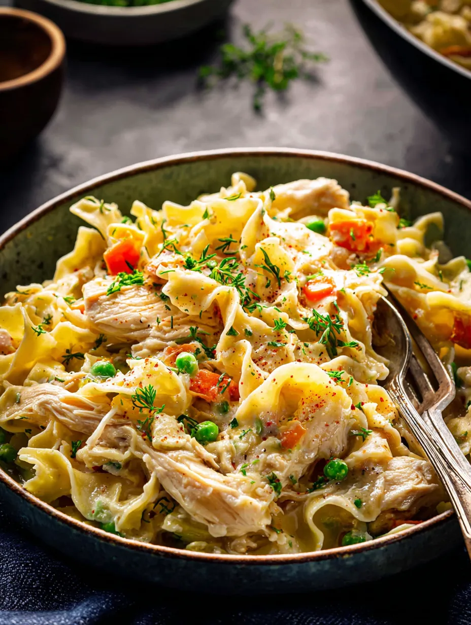 Un bol de pâtes avec du poulet et des petits pois.