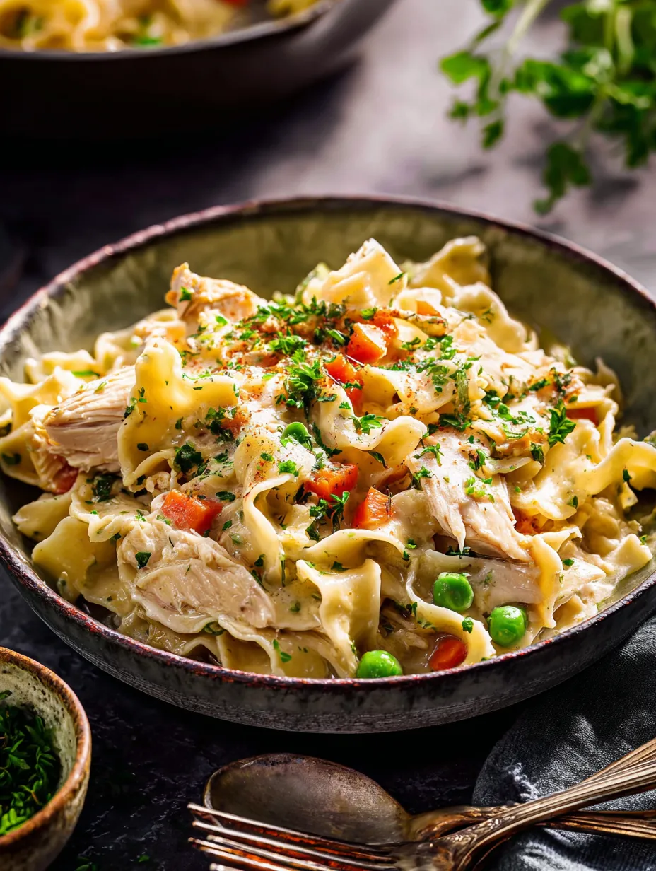 Un bol de pâtes avec du poulet et des légumes.