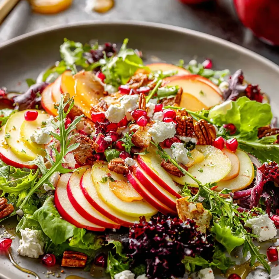 Une assiette de salade avec des pommes en tranches.