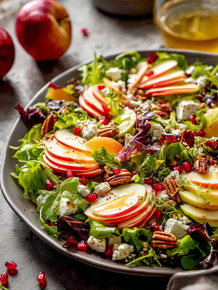 Une assiette de salade avec pommes, salade verte et fromage.
