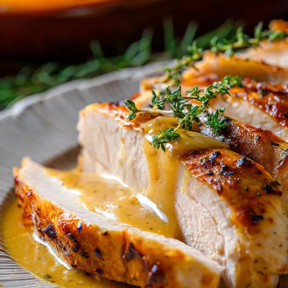 Une assiette de poulet nappée de sauce.
