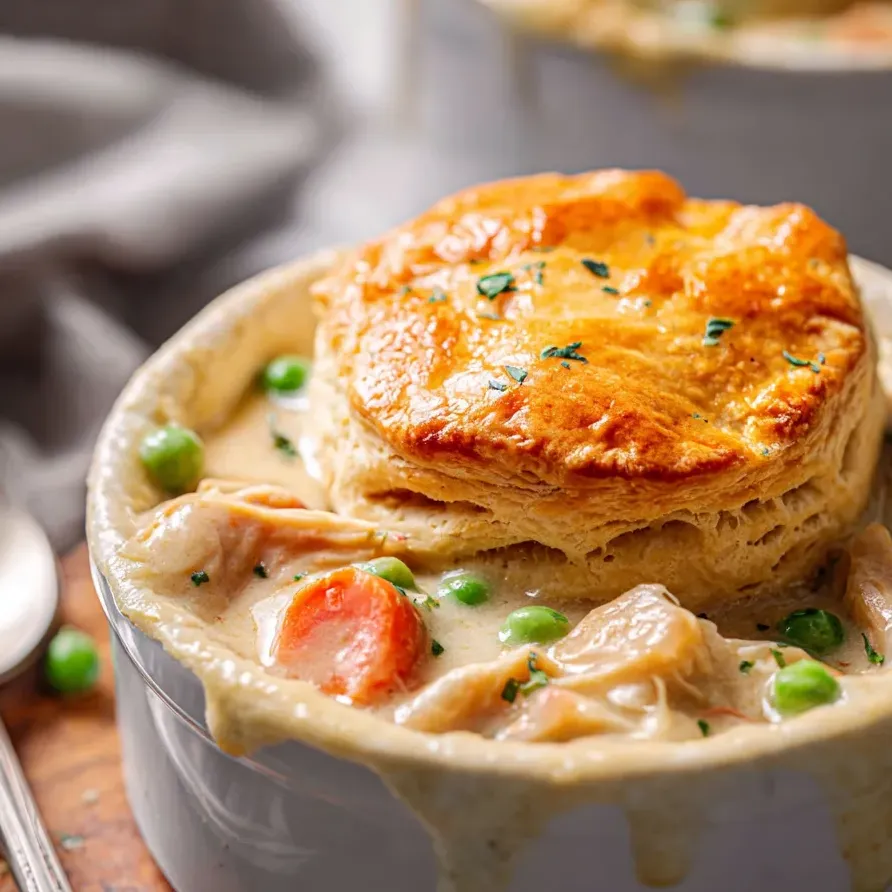 Un bol de soupe couvert d’une pâte dorée.
