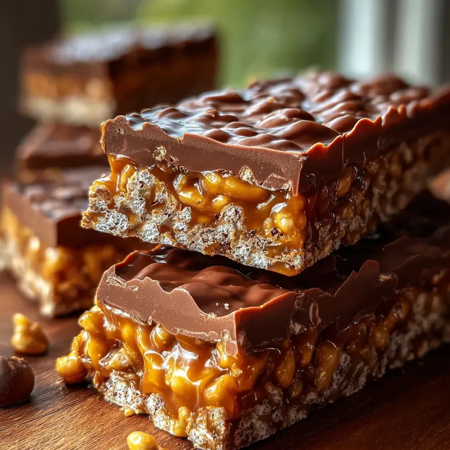 Une barre chocolatée surmontée de caramel.