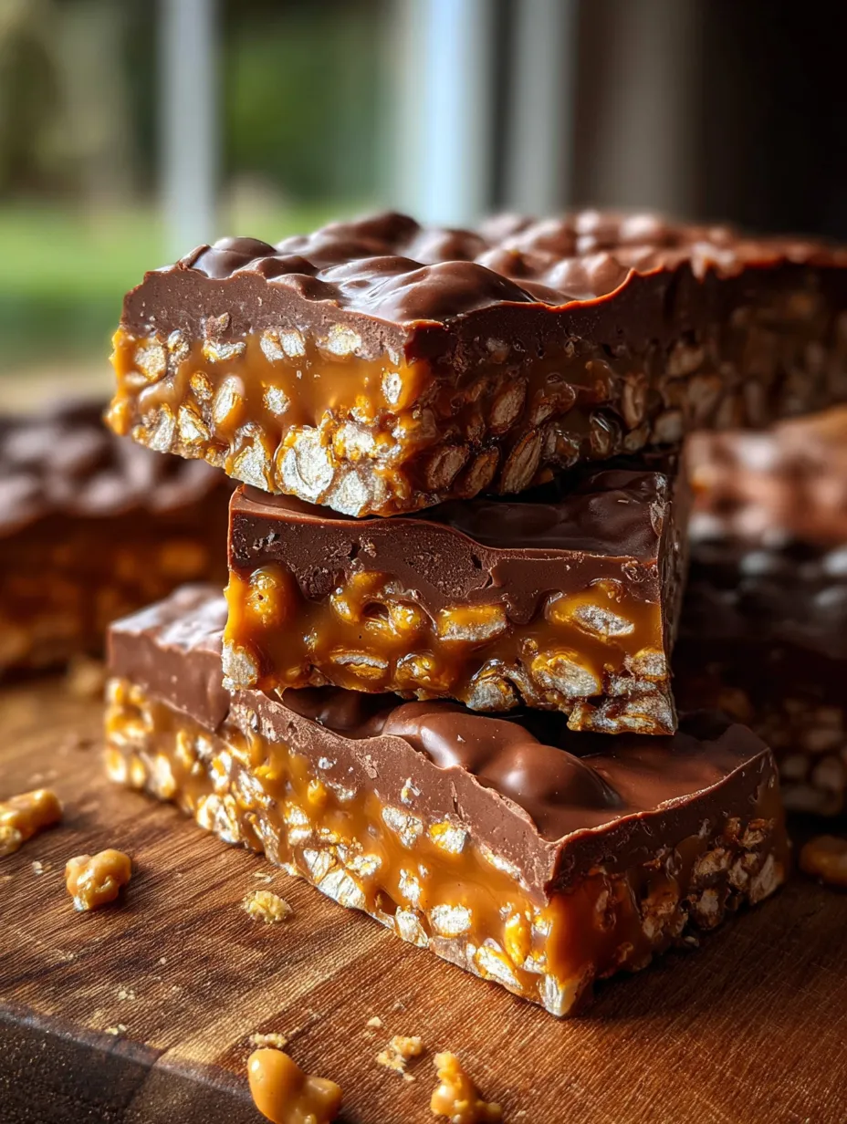 Une pile de barres au chocolat et caramel.