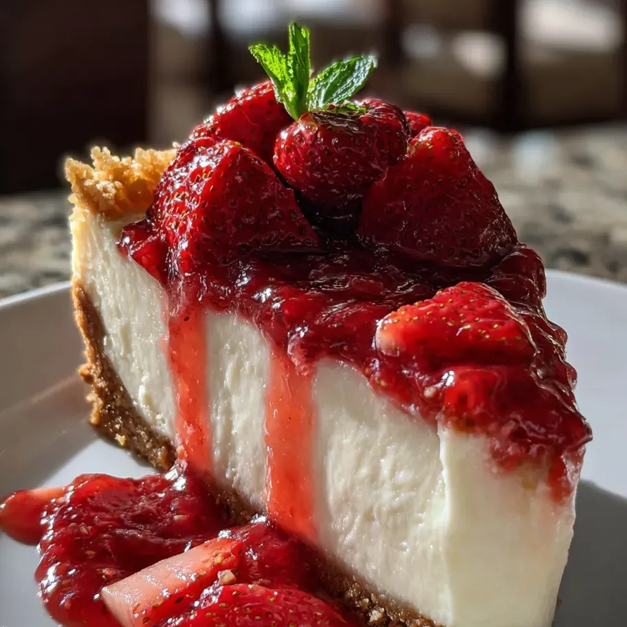 Un morceau de cheesecake avec un dessus aux fraises.