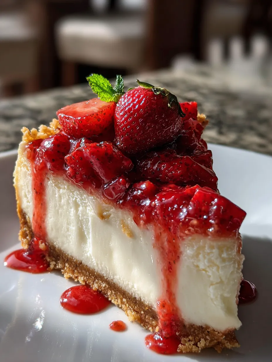 Une part de gâteau au fromage avec des fraises sur le dessus.