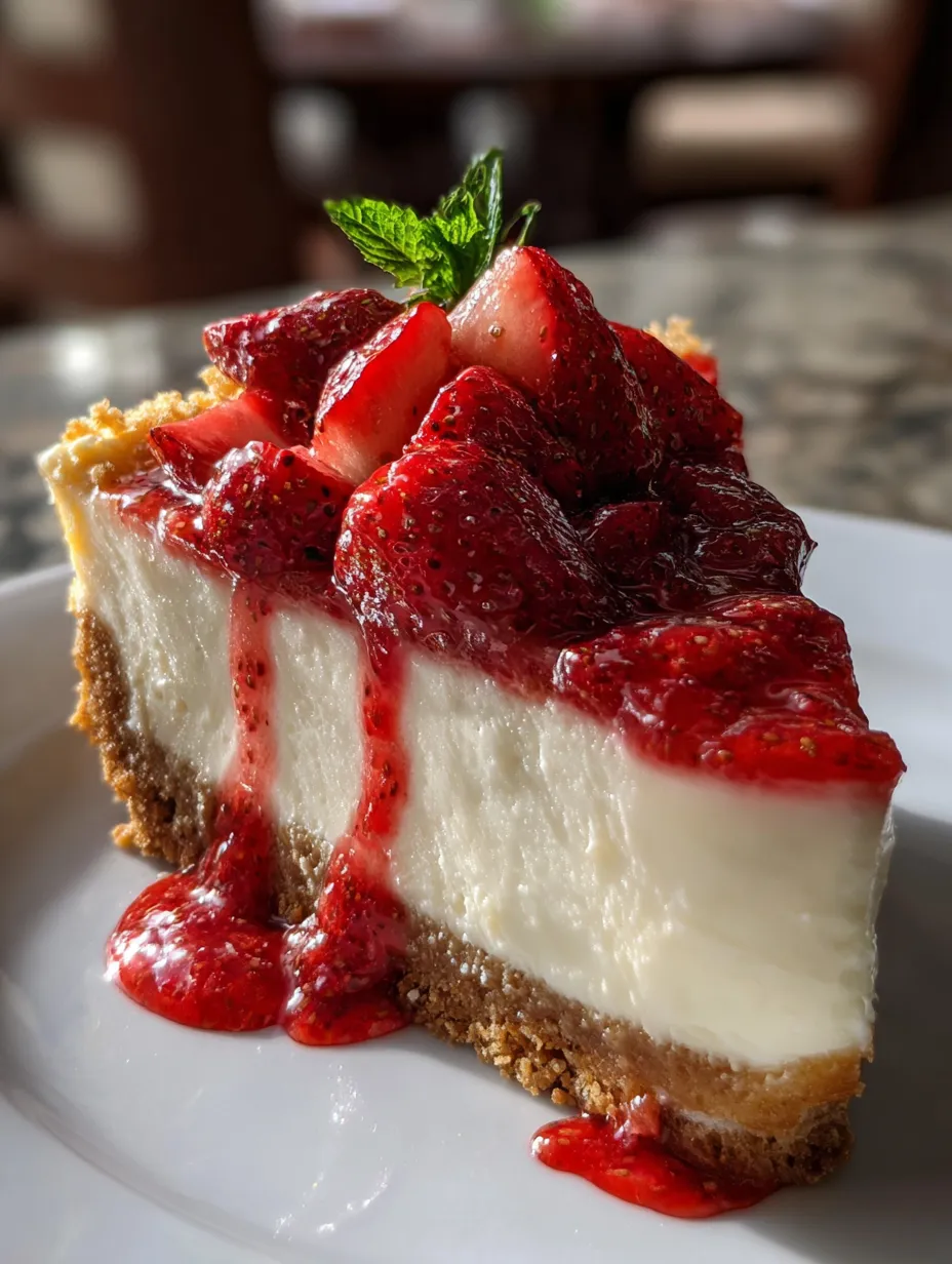 Une part de gâteau au fromage avec des fraises sur le dessus.