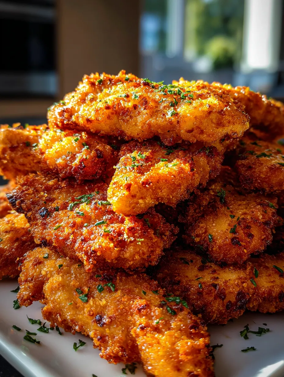 Une assiette de poulet frit avec quelques herbes dessus.