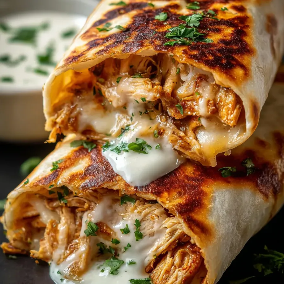 Un burrito au poulet avec sauce blanche.