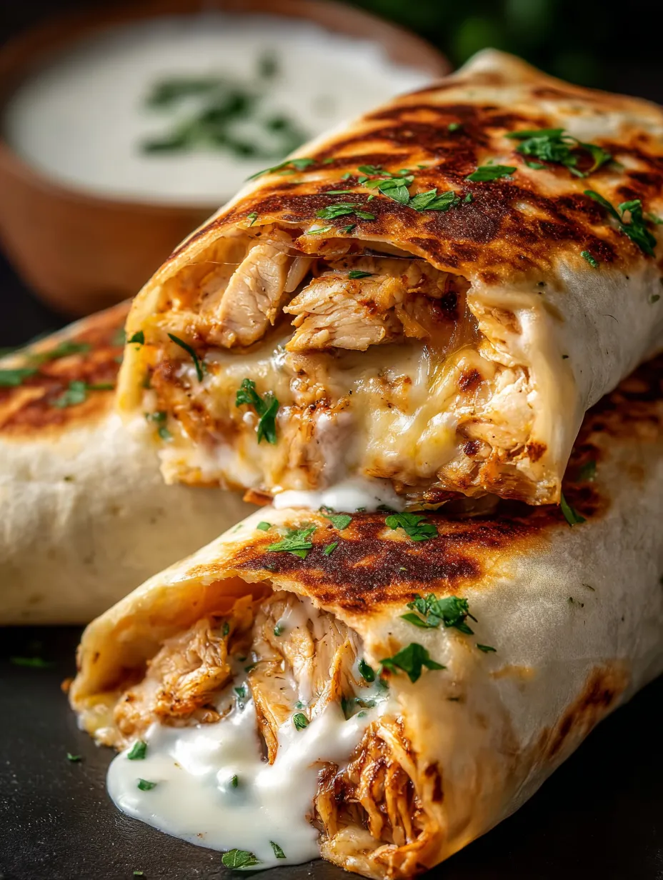 Un burrito de poulet avec sauce blanche.