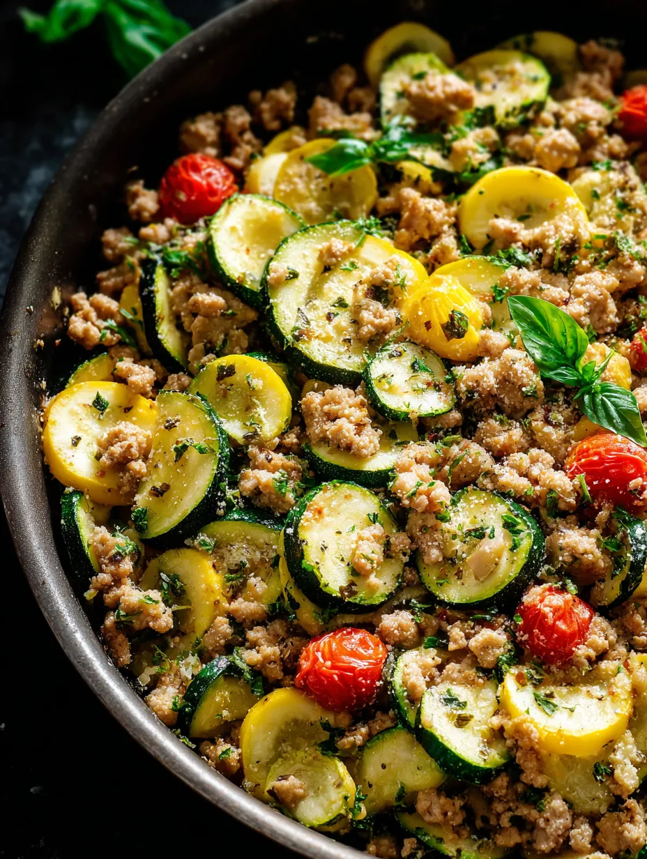 Un bol de courgettes, tomates et viande.