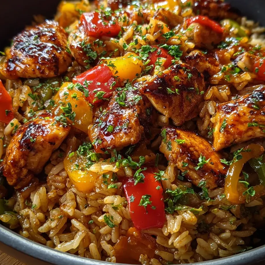 Une assiette de riz avec du poulet et des poivrons.