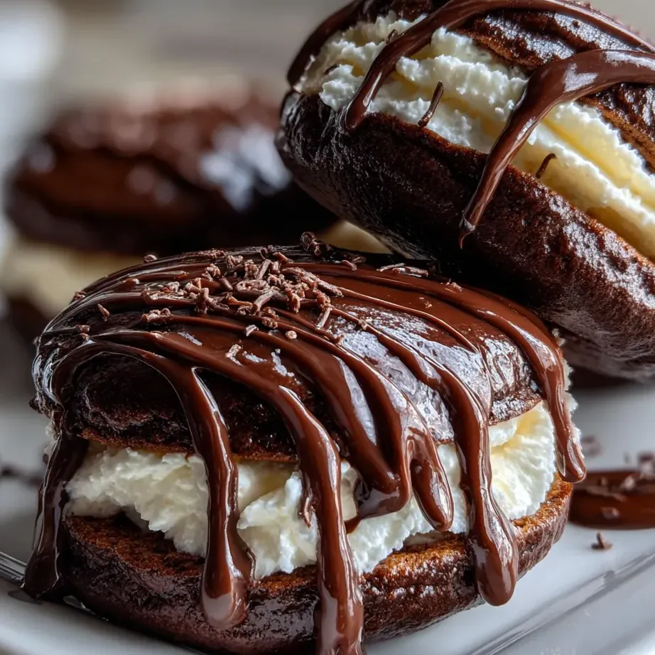 Donut nappé de chocolat et de crème vanille.